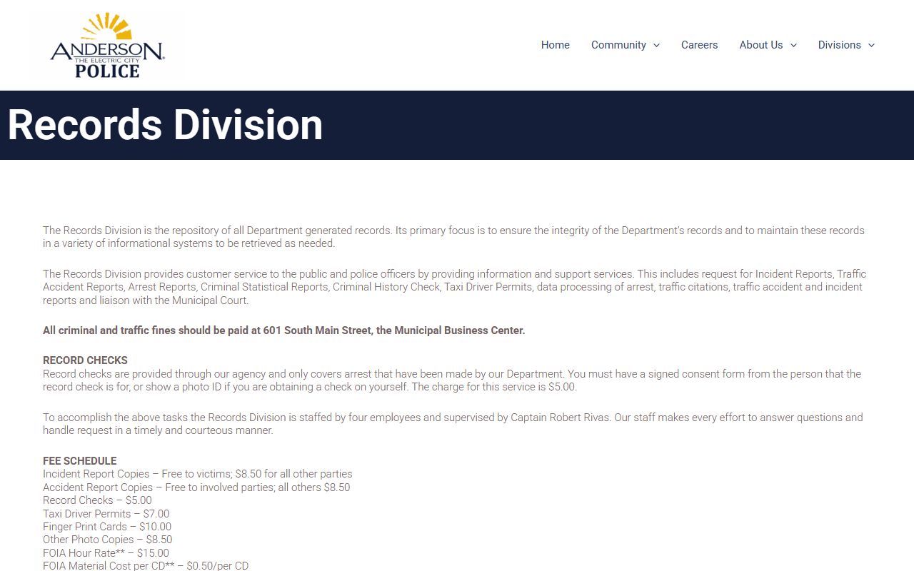 Anderson criminal records Anderson Police Department Records Division