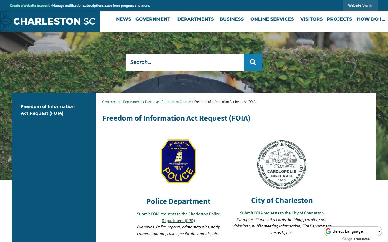 City of Charleston FOIA request page for Charleston criminal records