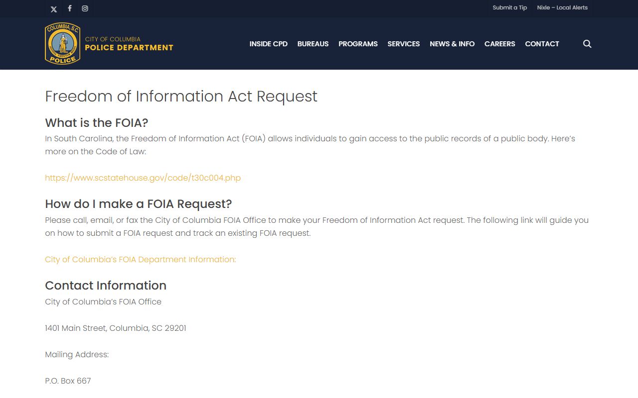 Columbia Police Department FOIA request page for Columbia criminal records