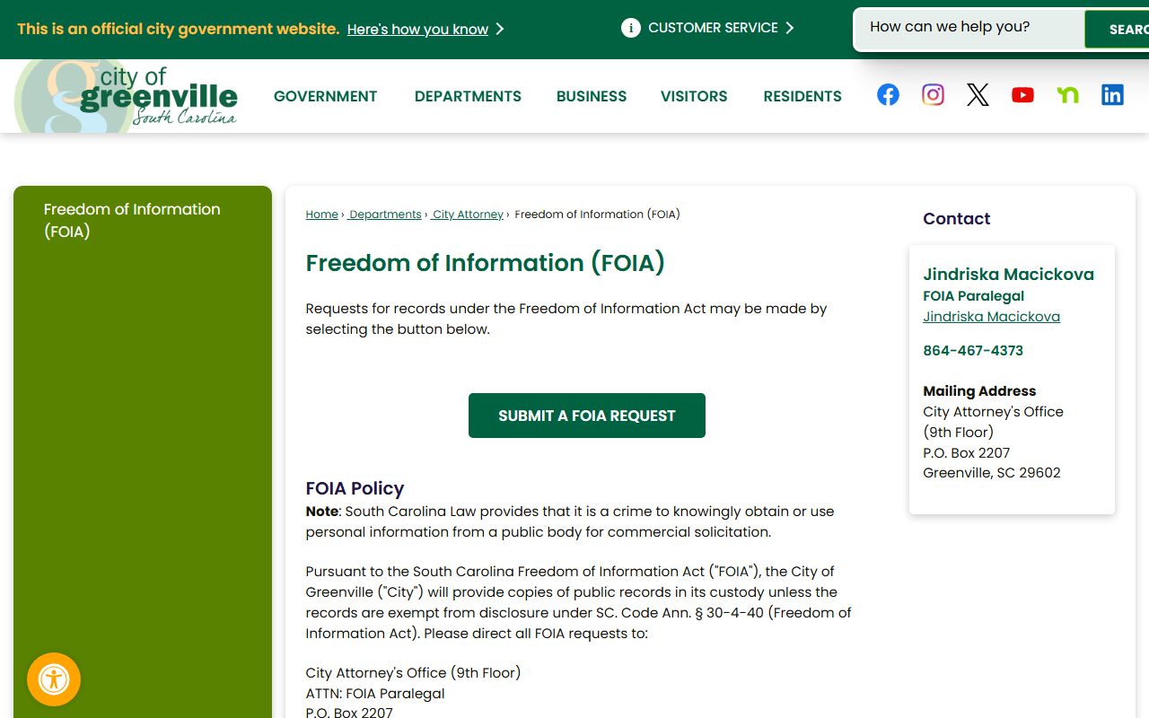 City of Greenville FOIA page for Greenville criminal records requests