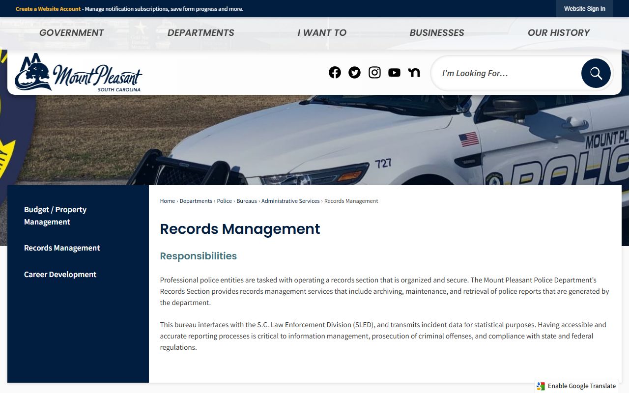 Mount Pleasant Police Department Records Management page for Mount Pleasant criminal records