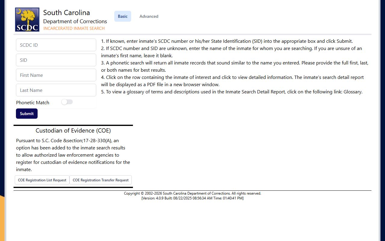 South Carolina Department of Corrections inmate search portal