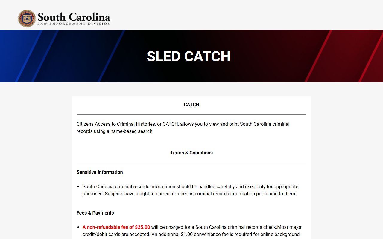 SLED CATCH portal for searching South Carolina criminal records